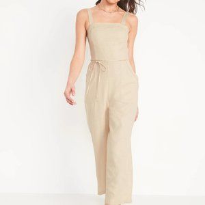 Sleeveless Linen-Blend Tie-Belt Wide-Leg Jumpsuit